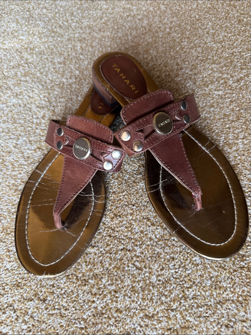Tahari Brown Leather Studded Thong Sandals